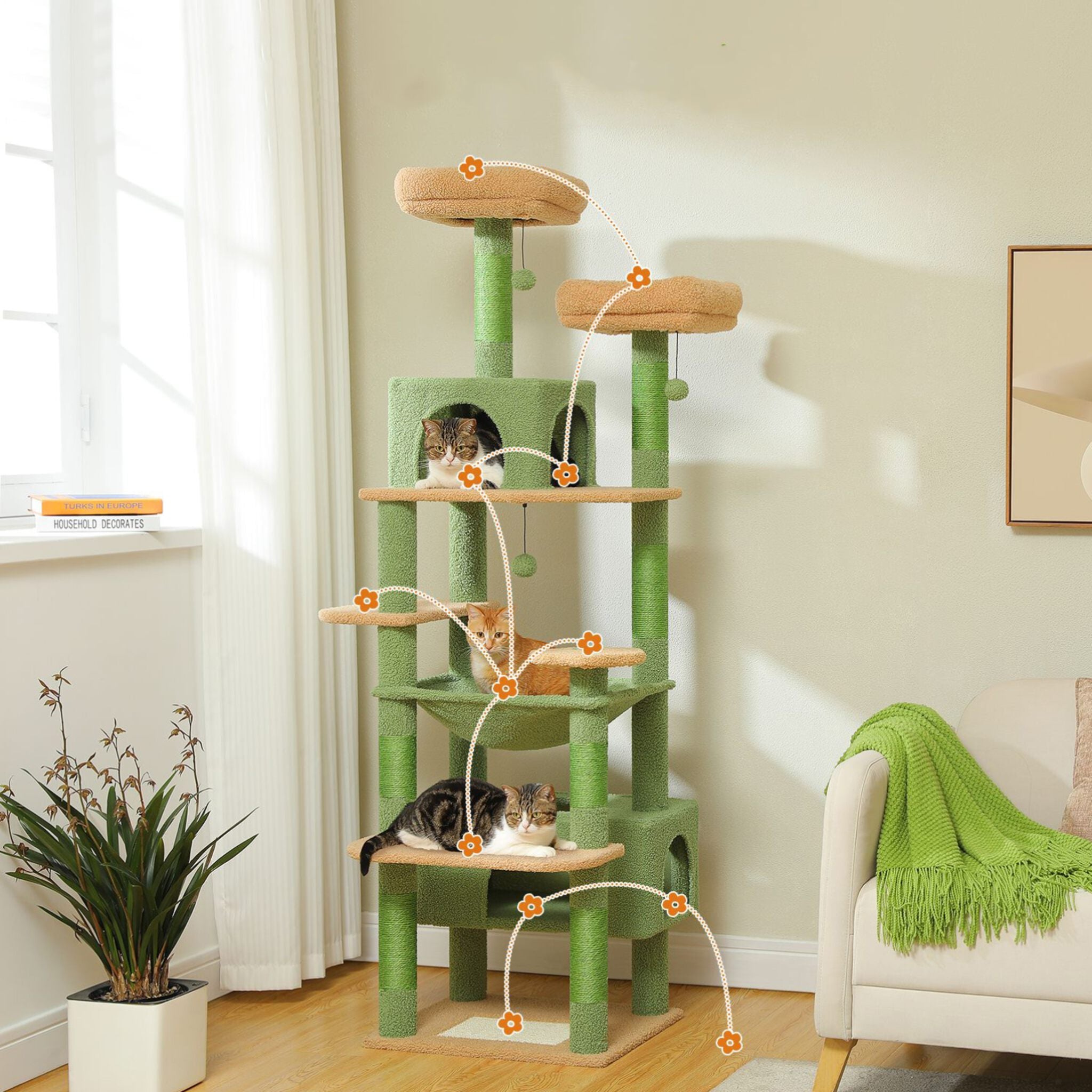 Taoqimiao Krabpaal, 193CM Krabpaal Grote Kat XXL met 7 Krabpalen, 3 Platform, 2 Ruim Grotten, Mand, Hangmat, Pluche Ballen MS047G Rook Grijs Taoqimiao Krabpaal, 193CM Krabpaal Grote Kat XXL met 7 Krabpalen, 3 Platform, 2 Ruim Grotten, Mand, Hangmat, Pluche Ballen MS047G Rook Grijs